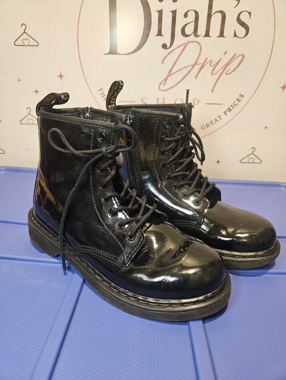Doc Martens Black Patent Lace-Up Ankle Boots with Heel Loop
